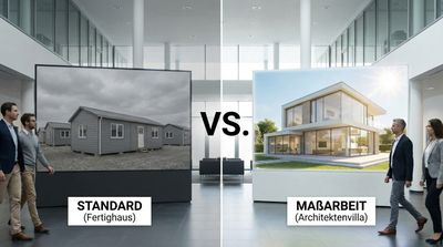Split Screen Konzept. Links: Ein generisches, langweiliges Fertighaus, das hundertfach kopiert aussieht (grau, trüb). Rechts: Eine einzigartige, moderne Architekten-Villa mit Glasfassade (hell, strahlend). Visualisiert Standard vs. Maßarbeit. style: editorial photography, modern office context, minimal design, authentic lighting, 4k